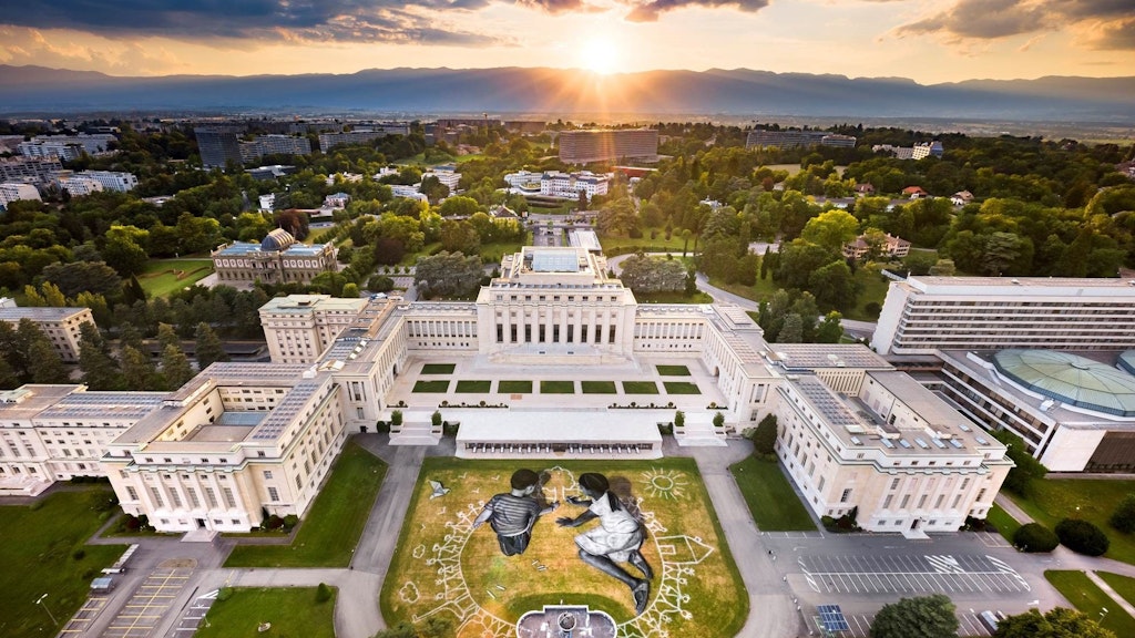 The fresco "World in Progress" by the artis SAYPE in the courtyard of the Palais des Nations in Geneva