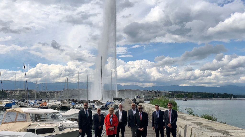 Tedros Adhanom Ghebreyesus, Director-general of the WHO, and Tatiana Valovaya, Director-general of the UN Geneva, accompagnied by representatives of the local authorities after the official restart of the Jet d'eau