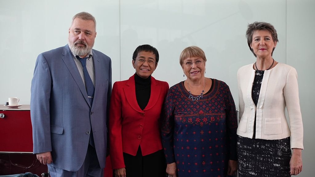Dmitry Muratov, Anna Ressa, Michelle Bachelet and Simonetta Sommaruga