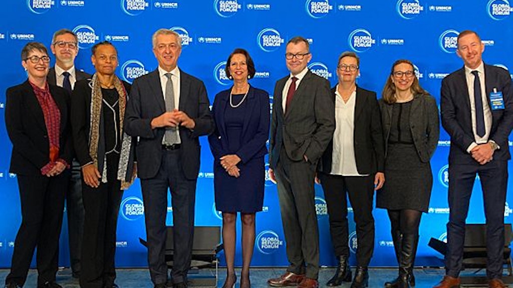 UN High Commissioner Filippo Grandi welcomes the Swiss delegation to the Global Refugee Forum