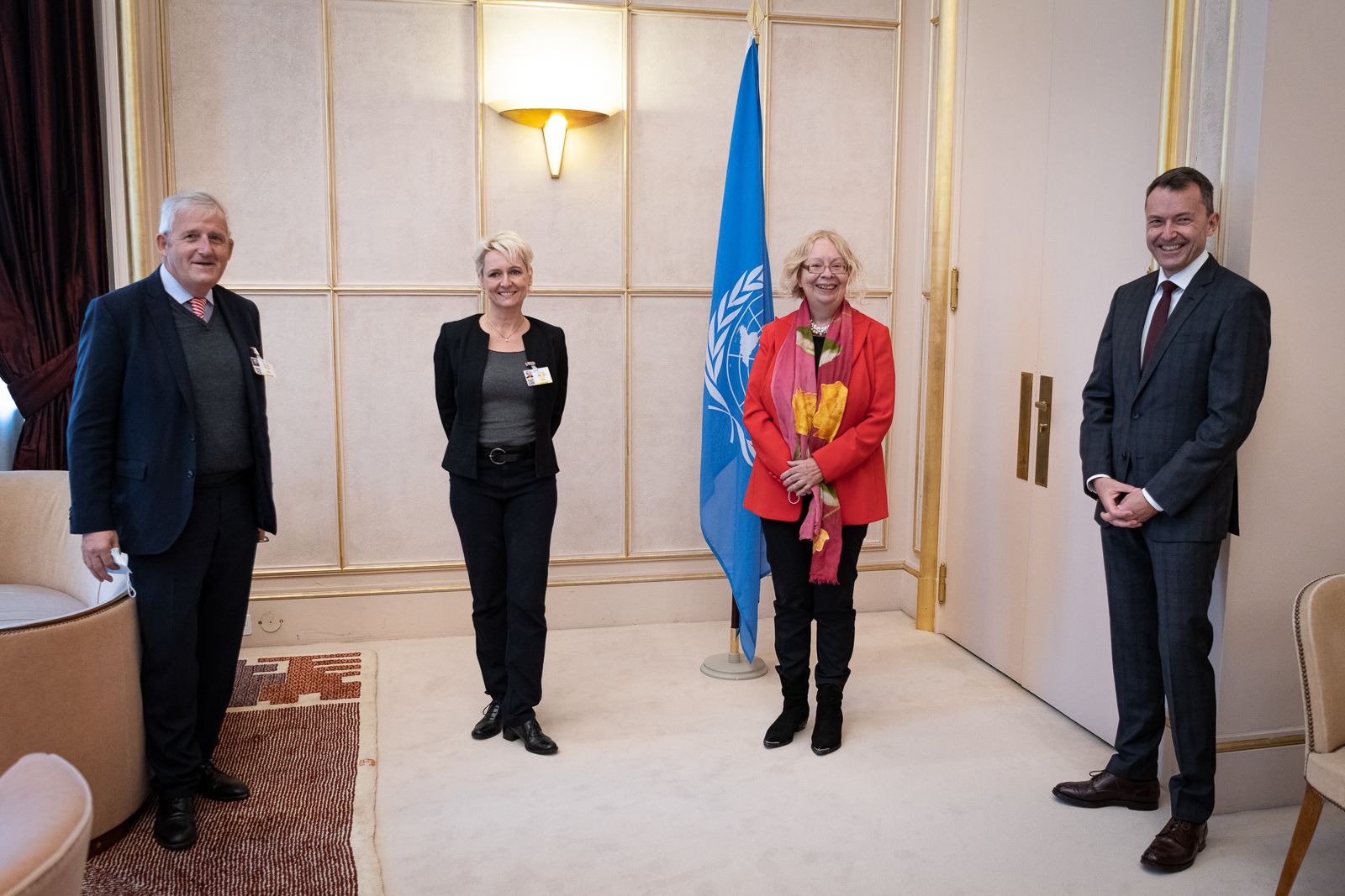 The President of the National Council Isabelle Moret and the President of the Council of States Hans Stöckli, accompanied by the Director General of UNOG Tatiana Valovaya and the Permanent Representative of Switzerland to the UNOG Jürg Lauber